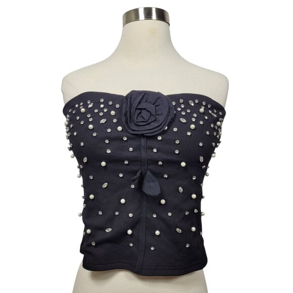 u.g.l.y threads Black Strapless Embellished Tube Top Pearls Rhinestones Large - Picture 1 of 8